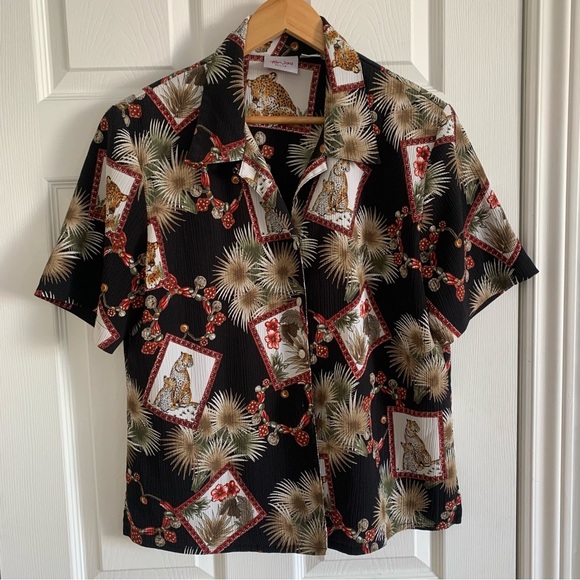 TanJay Tops - Vintage Cheetah Palm & Floral Black Button Front Short Sleeve Shirt
